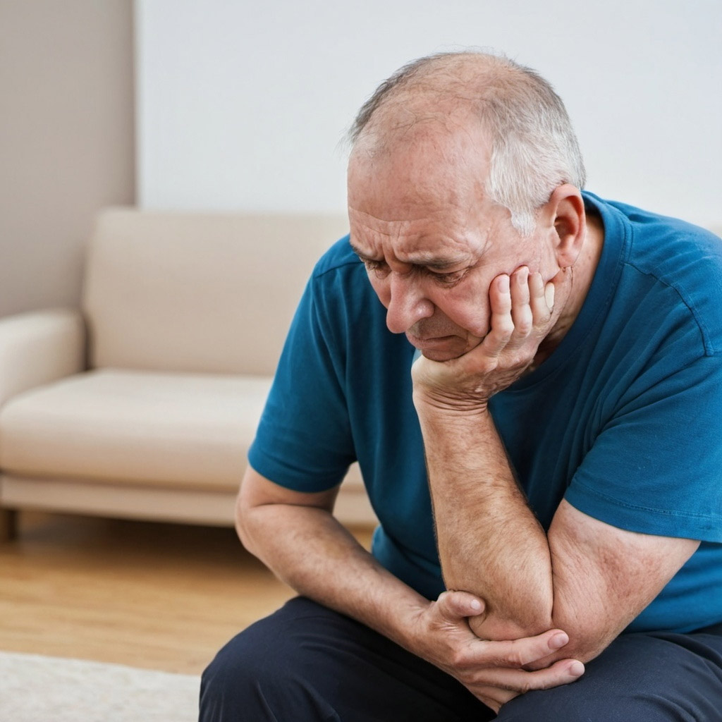 man struggling with arthritis in his elbow.