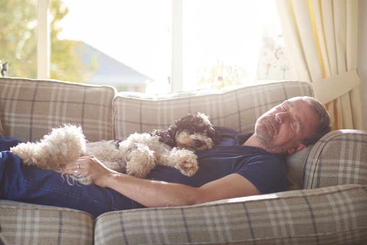 Man resting on a couch after a concussion with his little dog laying on top of him